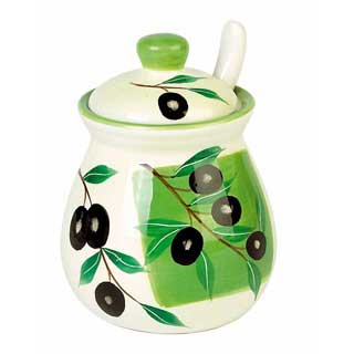 Pot cramique avec cuillre dcor olives