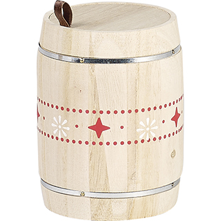 Coffret bois forme tonneau nature motifs rouge/blanc