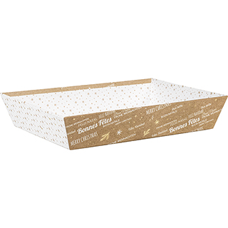 Corbeille carton rectangle kraft/blanc/dorure  chaud or Bonnes Ftes