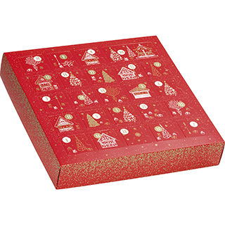 Coffret carton carr Calendrier de l'Avent rouge/dorure  chaud or 24 cases fentres prdcoupes