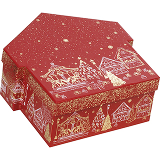 Coffret carton forme chalet BONNES FETES rouge/dorure  chaud or dcor  