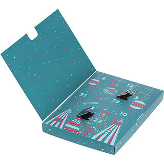 Coffret carton rectangle Calendrier de l'Avent bleu/rouge/or 24 cases fentres prdcoupes 