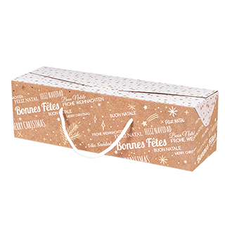 Coffret carton rectangle BONNES FETES kraft/blanc/dorure  chaud cordelettes blanches ferm. latrales 