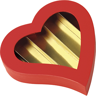 Coffret carton forme coeur chocolats 5 ranges rouge/or