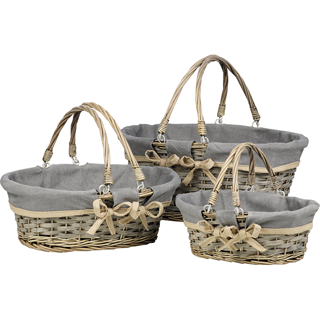 Basket wicker/wood oval grey cream fabric lining foldable handles