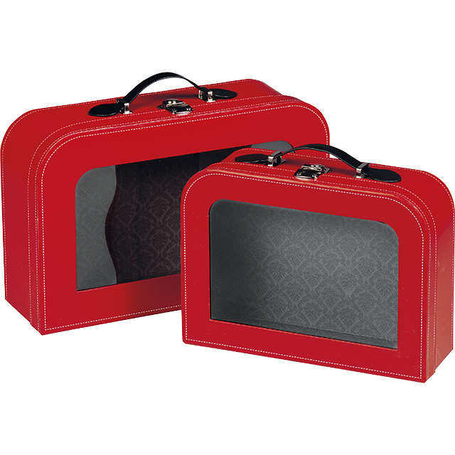 Suitcase cardboard rectangular red/PET window/faux leather/metal buckle 