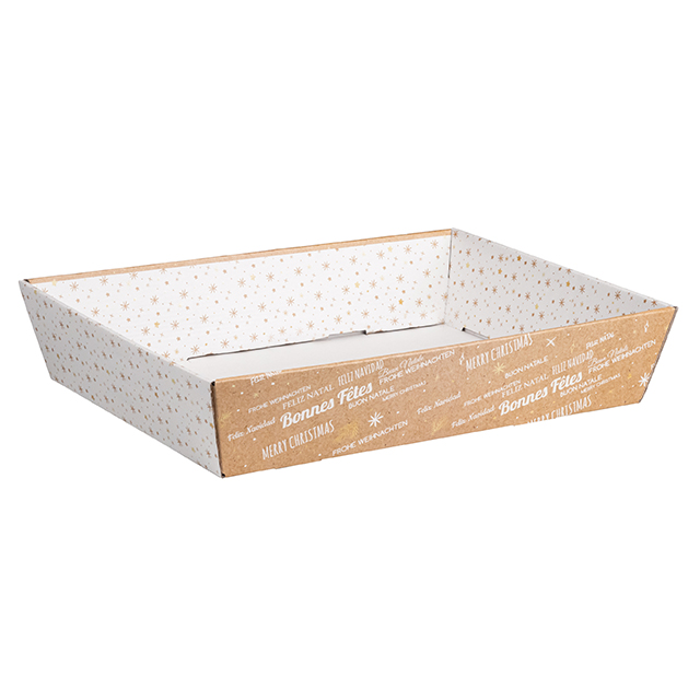 Tray cardboard rectangular MERRY CHRISTMAS kraft/white/gold hot foil stamping delivered flat