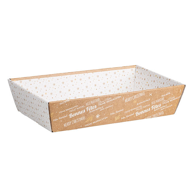 Corbeille carton rectangle BONNES FETES kraft/blanc livre  plat