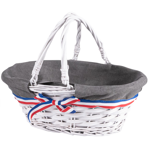 Basket wicker/wood oval white fabric foldable handles