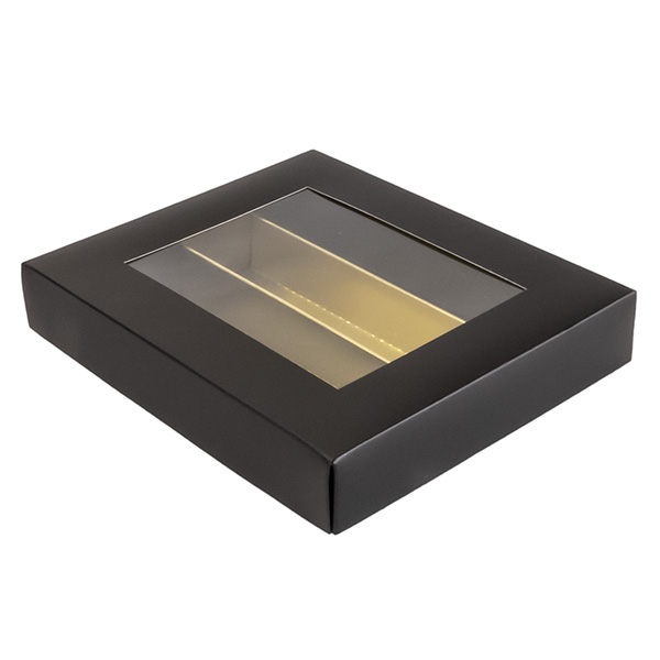 Caja cartn rectangular chocolates 3 filas negro/oro ventana PET