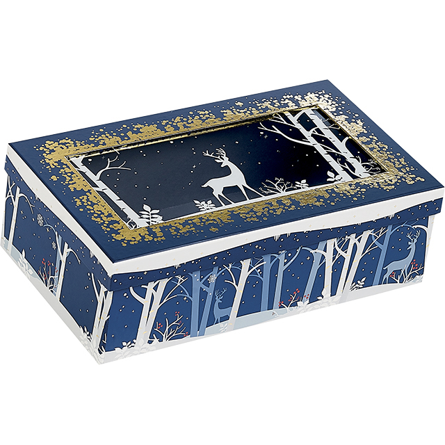 Caja de cartn rectangular azul/blanco/Ventana PVC estampacin en caliente dorado Bosque/Reno