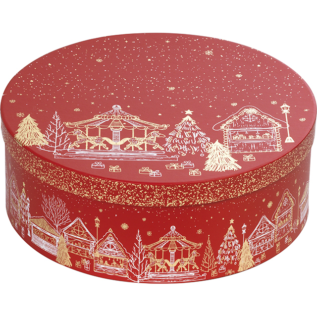 Box cardboard round MERRY CHRISTMAS red/gold hot foil stamping 