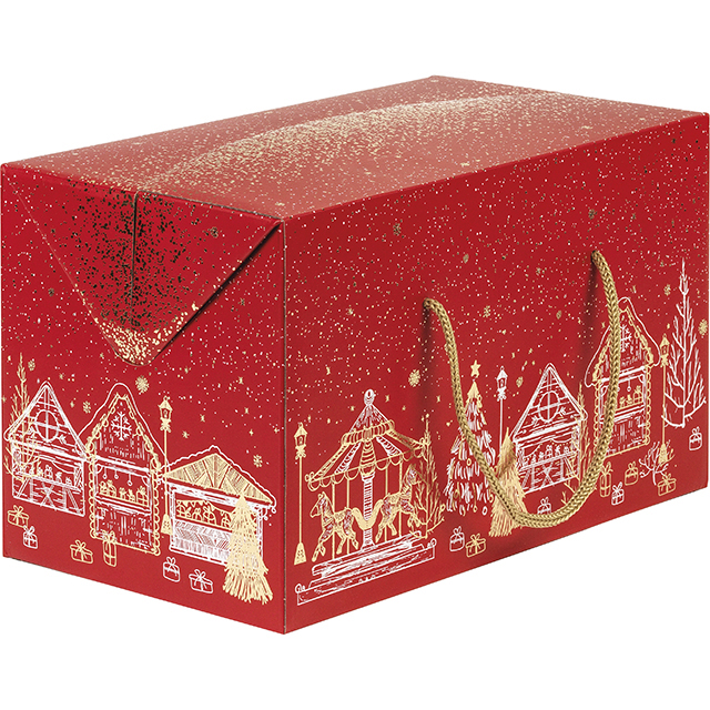 Box cardboard rectangular MERRY CHRISTMAS red/gold hot foil stamping red cord side closure delivered flat