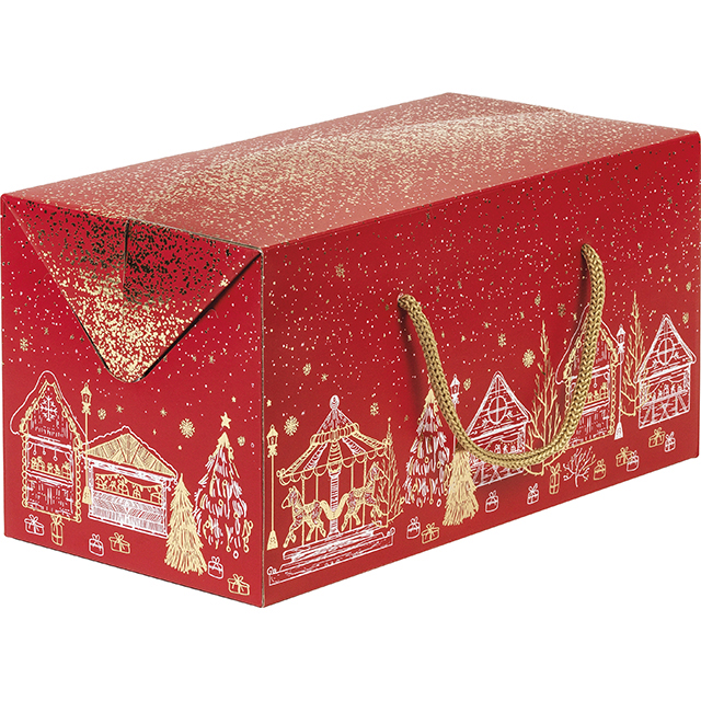 Coffret carton rectangle BONNES FETES rouge/dorure  chaud cordelettes or ferm. latrales 