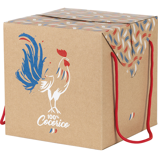 Coffret carton kraft rectangle décor 100% Cocorico cordelettes rouges  fermetures latérales Livré à plat