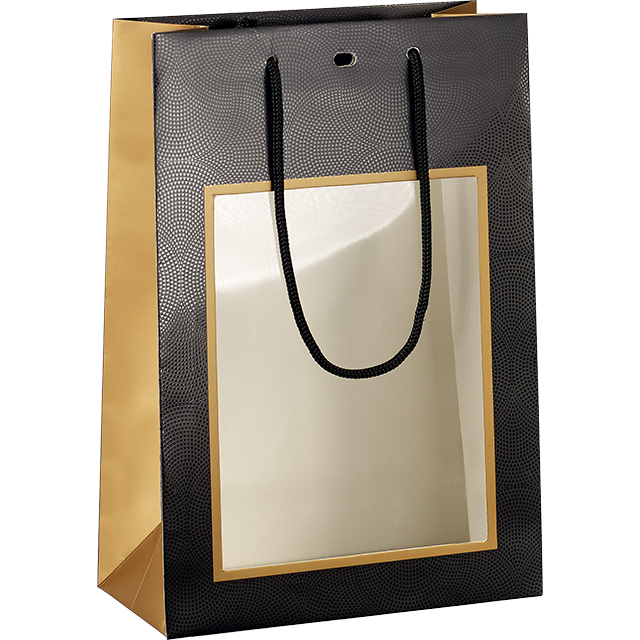 Bolsa papel cobre/negro impresin UV ventana PET asas cordn ojal 