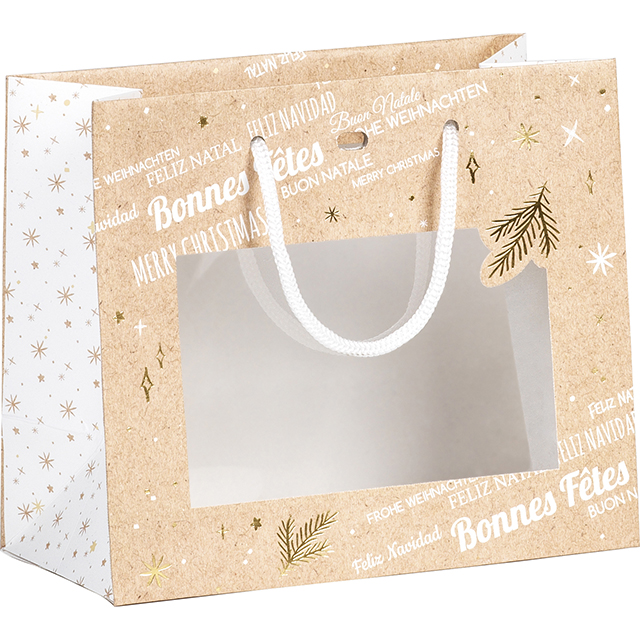 Bag paper MERRY CHRISTMAS kraft/white/gold hot foil stamping PET window white cord handles eyelet