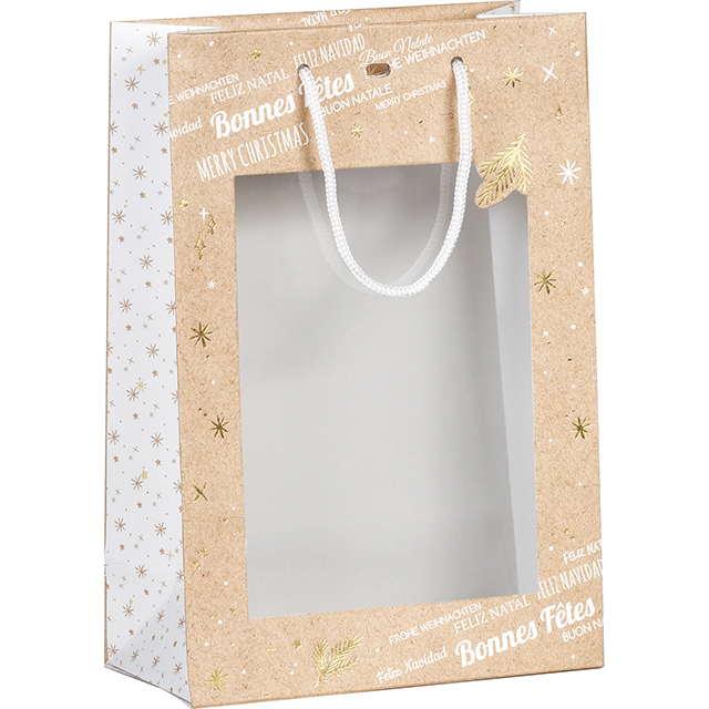 Bag paper Bonnes ftes kraft/white/gold hot foil stamping PVC window white cord handles eyelet