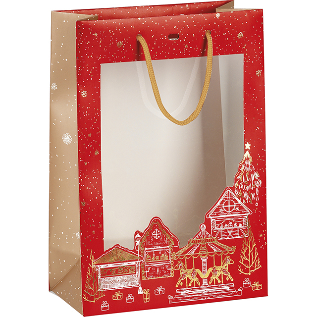 Bag paper MERRY CHRISTMAS red/gold hot foil stamping PET window gold cord handles eyelet