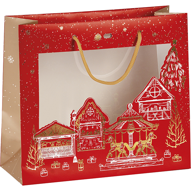 Bag paper MERRY CHRISTMAS red/gold hot foil stamping PET window gold cord handles eyelet