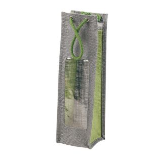 Bolsa tela de yute ventana PVC 1 botella bicolor verde/gris asas cuerda