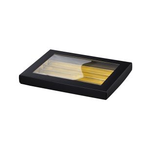 Caja cartn rectangular chocolates 5 lneas negro/dorado separacin interior ventana PVC