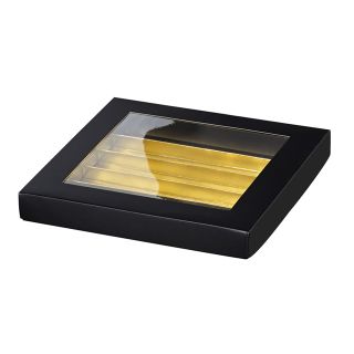 Caja cartn rectangular chocolates 5 lneas negro/dorado separacin interior ventana PVC