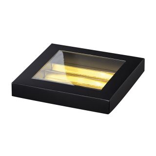 Caja cartn rectangular chocolates 4 lneas negro/dorado separacin interior ventana PVC