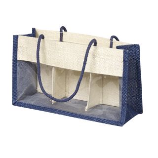 Bolsa tela de yute azul/crema ventana PVC/asas cuerda/separador