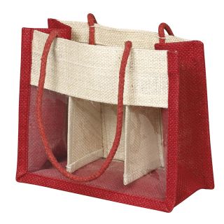 Bolsa tela de yute rojo/crema ventana PVC/asas cuerda/separador