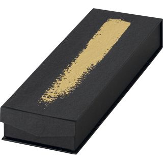 Caja cartn rectangular chocolates 2 lneas negro/dorado separacin interior cierre magntico