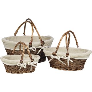 Basket oval wicker/wood foldable handles brown cream fabric lining