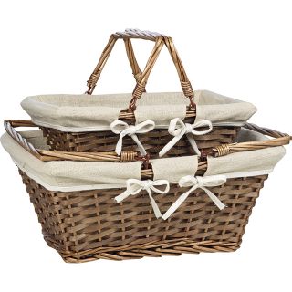 Basket rectangular wicker/wood foldable handles brown cream fabric lining