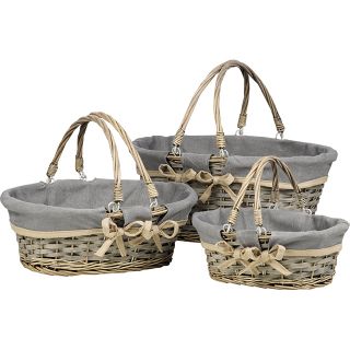 Basket oval wicker/wood foldable handles grey beige fabric lining