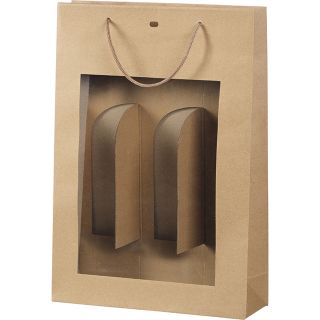 Bolsa papel kraft 3 botellas/ventana PET/asas cuerda/ojal separadores 