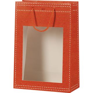 Bolsa papel naranja ventana PET/asas cuerda/ojal