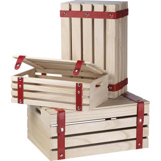 Caixa de madeira retangular cintas imitao couro vermelho com botes de presso 