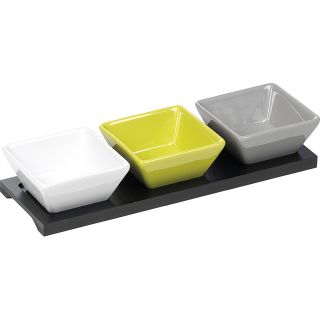 Set/3 ceramic ramekins on wood tray / grey,white,green and black 