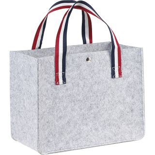 Bolsa de fieltro color gris claro con 2 asas azul/blanco/rojo y cierre con botn presin