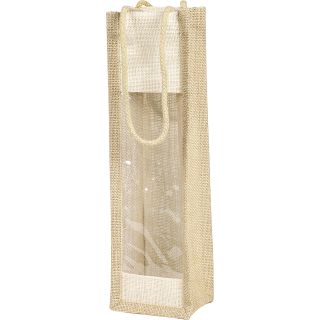 Bolsa tela de yute 1 botella natural/crema ventana PVC/asas cuerda 