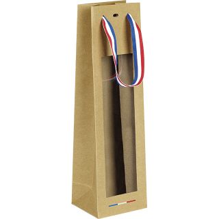Bolsa papel kraft 1 botella ventana PET  asas cinta azul/blanco/rojo/ojal