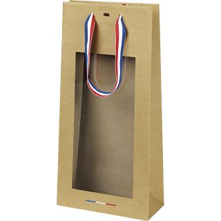 Bag Paper kraft 2 bottles blue/red/white ribbon handles PVC window