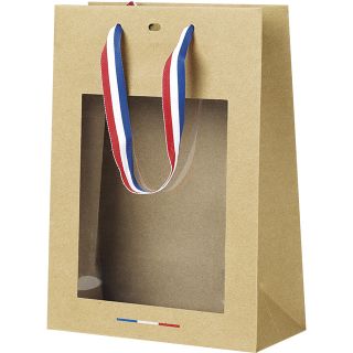 Bag paper kraft blue/red/white ribbon handles PVC window