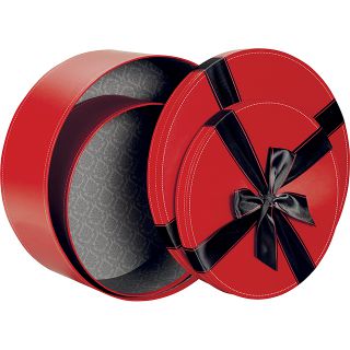 Caja cartn redonda rojo cinta satn negro  