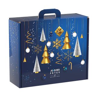 Maleta cartn rectangular JOYEUSES FETES bolas de Navidad/azul/dorado/plateado 