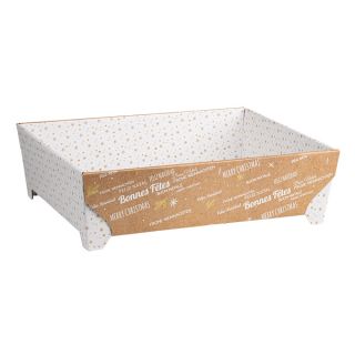 Tray cardboard rectangular with feet MERRY CHRISTMAS kraft/white delivered flat (dimension assembled)