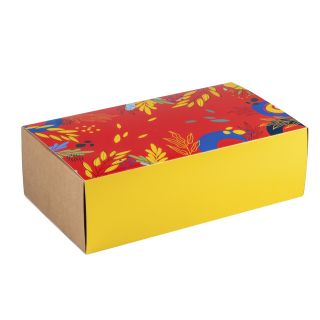 Caixa carto kraft quadrada tampa deslizante SABORES DE VERO vermelho/amarelo/verde