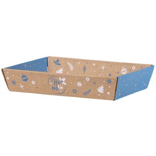 Corbeille carton kraft rectangle HIVER EN FETES bleu/blanc livre  plat (dim. corbeille monte) 