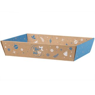 Corbeille carton kraft rectangle HIVER EN FETES bleu/blanc livre  plat (dim. corbeille monte)