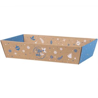 Corbeille carton kraft rectangle HIVER EN FETES bleu/blanc livre  plat (dim. corbeille monte) 